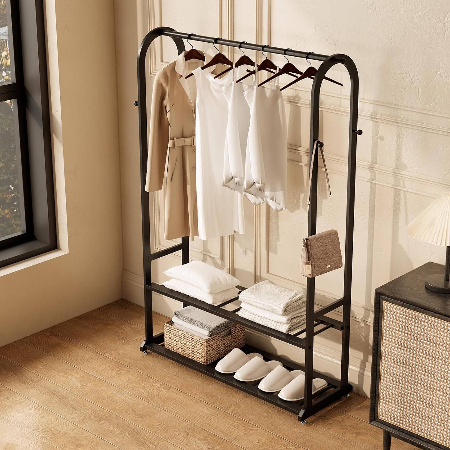 Sturdy metal clothes rack,Black freestanding clothing rack with bottom shelves and 6 side hooks,garment rack for hanging clothes,Modern wardrobe rack for Bedroom or cloakrooms