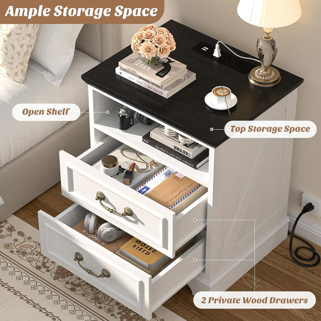 Unikito 24' Tall Farmhouse Nightstand with Charging Station, Rustic End Table with Drawer & Open Storage, Beside Table for Bedroom, Antique White