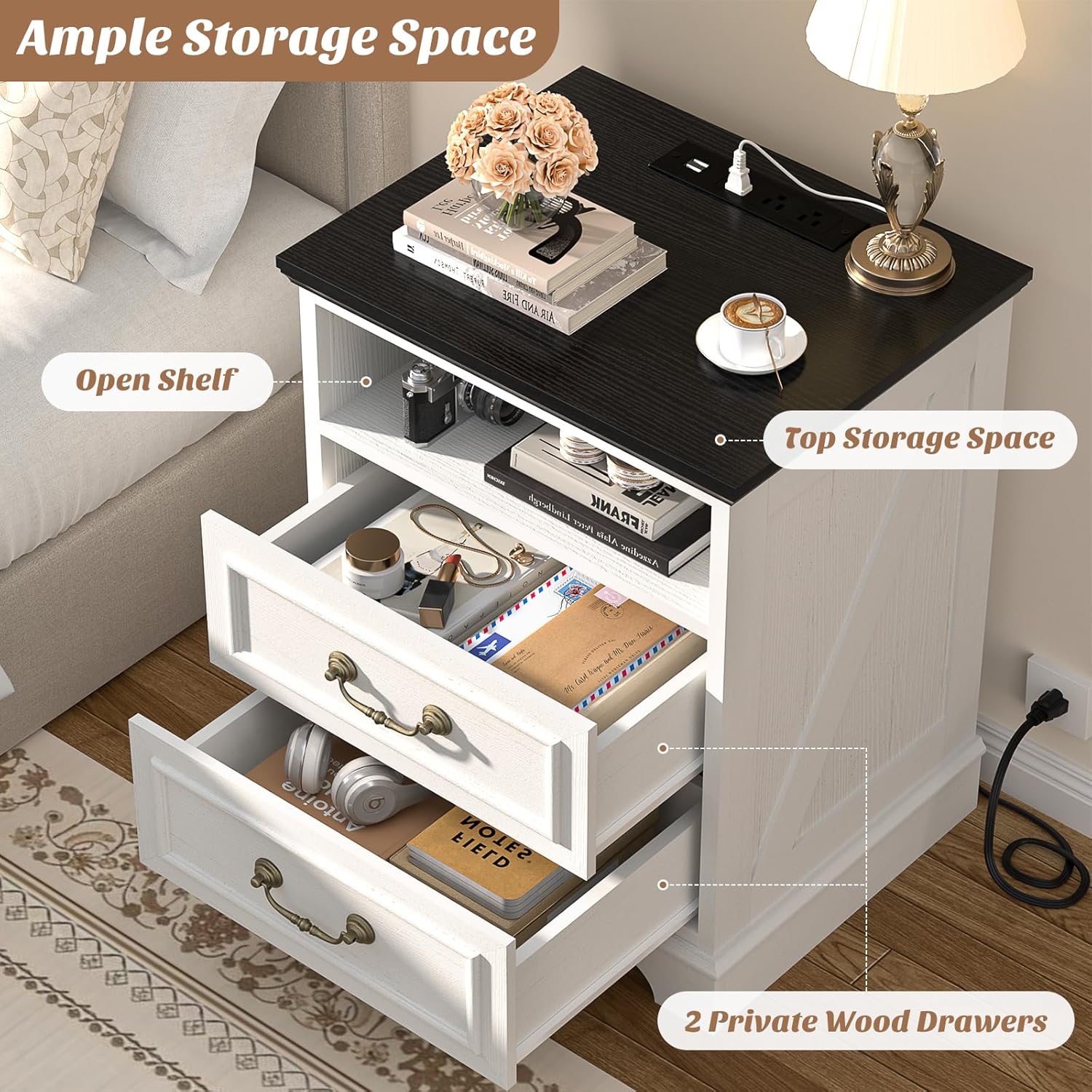 Unikito 24' Tall Farmhouse Nightstand with Charging Station, Rustic End Table with Drawer & Open Storage, Beside Table for Bedroom, Antique White
