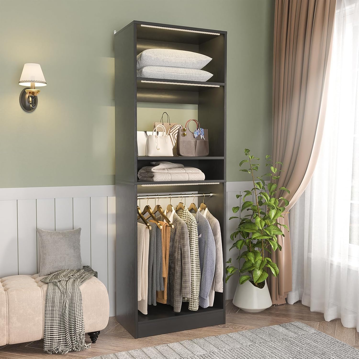 Unikito Freestanding Closet System, 25' Closet Organizer Wardrobe with Hanging Rod & Shelves, Adjustable Clothes Garment Rack, Sturdy Walk in Towers, Easy Assembly, 25' W x 16' D x 80' H, Black
