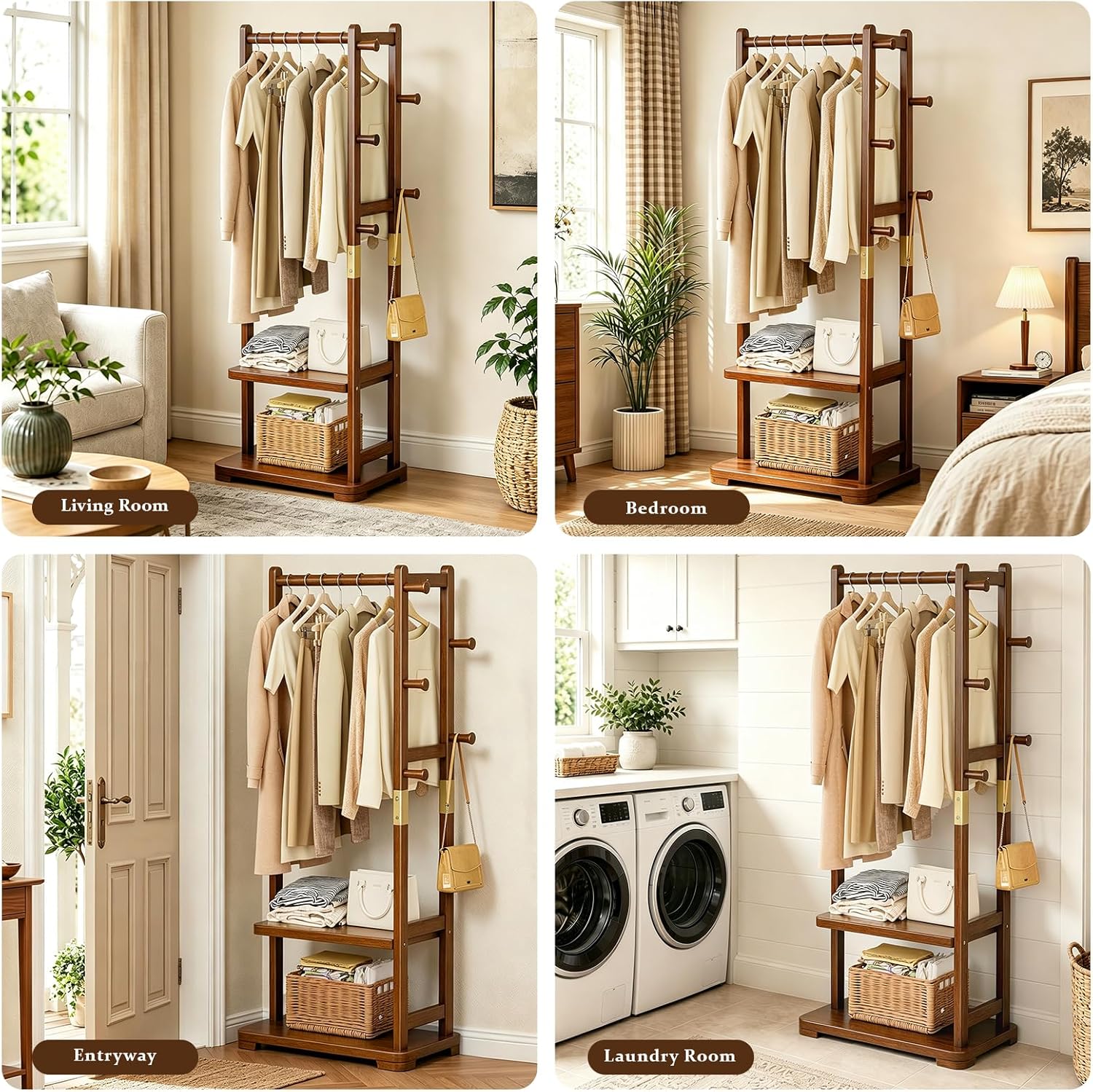 Taitiy Coat Rack Solid Wood Clothes Rack with 2 Shelves & 5 Hooks for Hanging Clothes Garment Wallets Hats, Clothing Rack Coat Rack Freestanding Hall Tree with Storage for Hallway Bedroom Living Room
