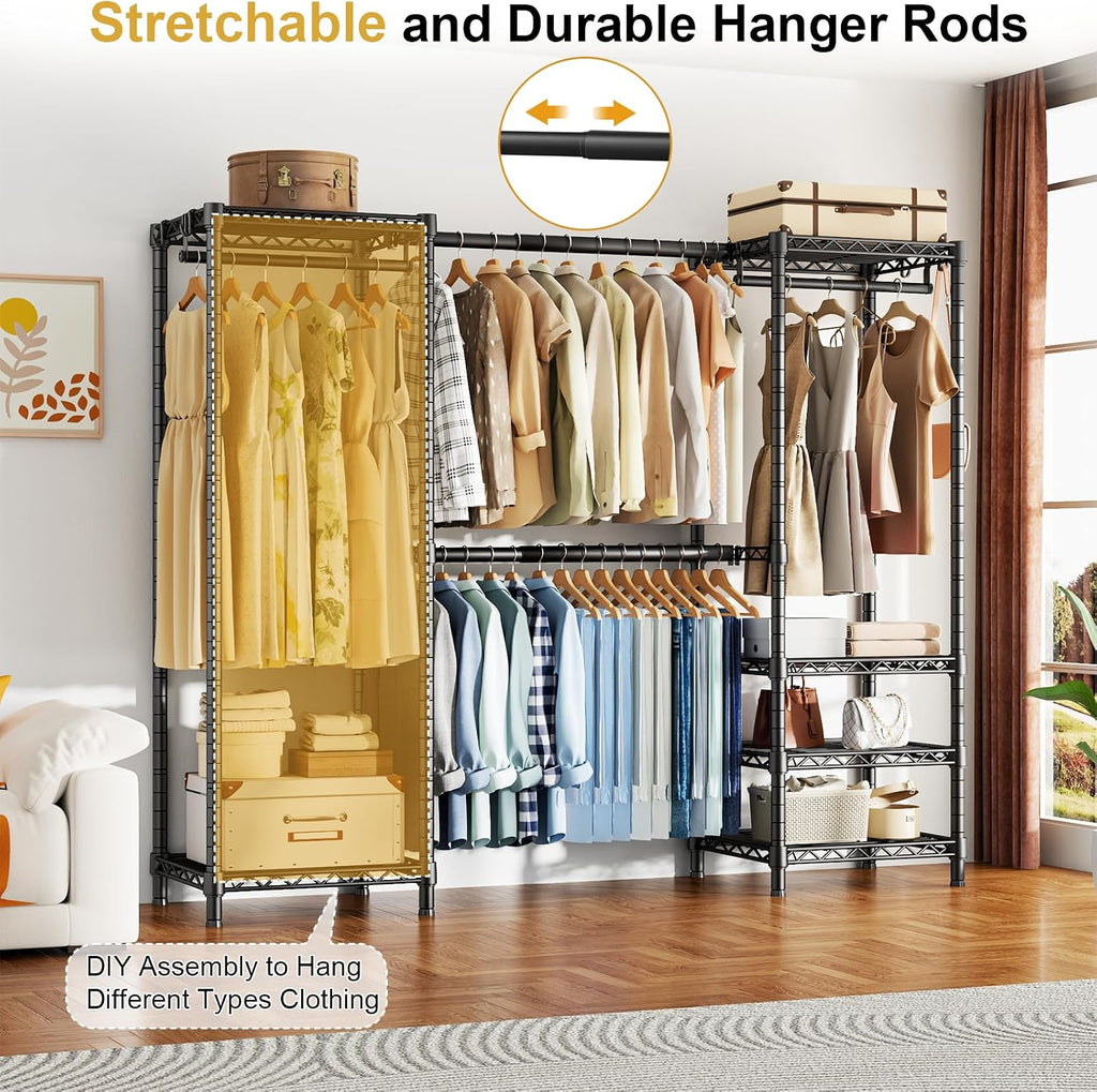 Ulif E7 Garment Rack, Heavy Duty Clothes Storage System with Extendable Hangers Rods, Metal Clothe Rack with 6 Wire Shelves, (52.3'-72') W x 14.5' D x 71.2' H, Load 838 LBS