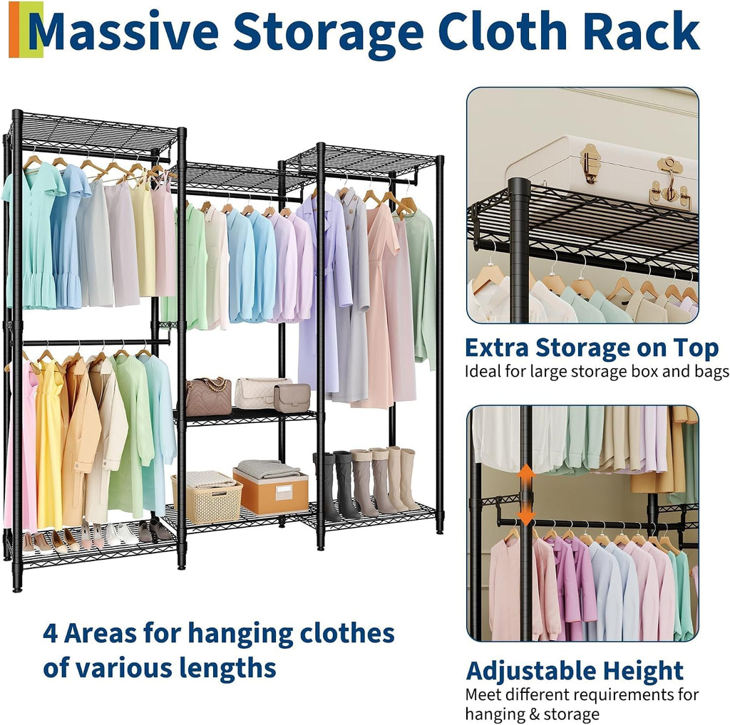 Heavy-Duty Garment Rack with a 1631 lbs Load Capacity, Portable Closet Organizer, Free-Standing Storage Solution Featuring Adjustable Shelves, Hanging Rods, and Dividable Sections, Black