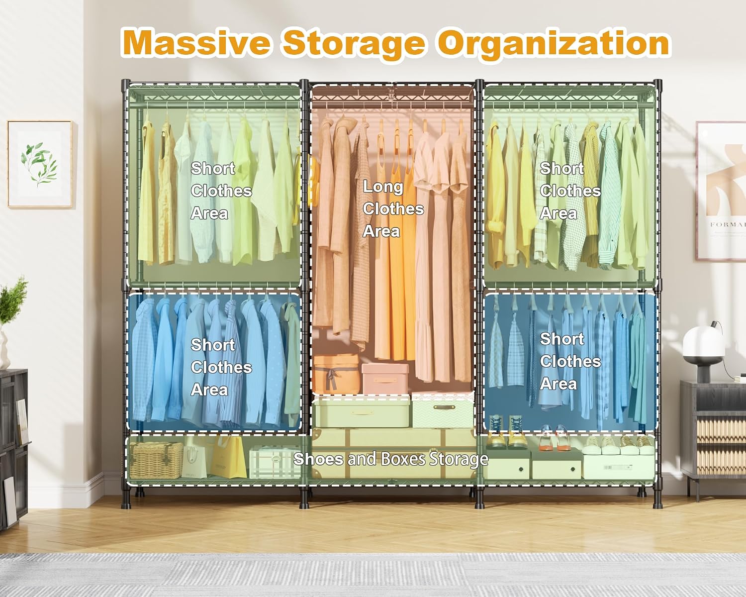 ULIFHOME E14C Pro Heavy Duty Closet Organizer System，Freestanding Clothing Racks for Hanging Clothes，Adjustable Garment Rack 69' W × 16' D × 77' H Hold 960 lbs，Black Rack with Grey Dustproof Cover