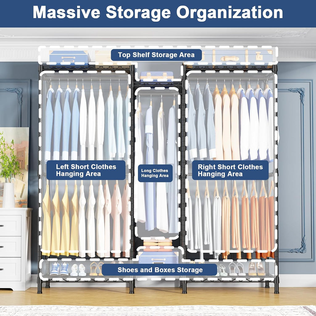 Ulif E12C Heavy Duty Closet Organizer System，Freestanding Clothing Rack, Adjustable Garment Rack 57.1' W x 16' D x 76.5' H Holds 860 lbs, Black Clothing Rack with Black Dustproof Cover