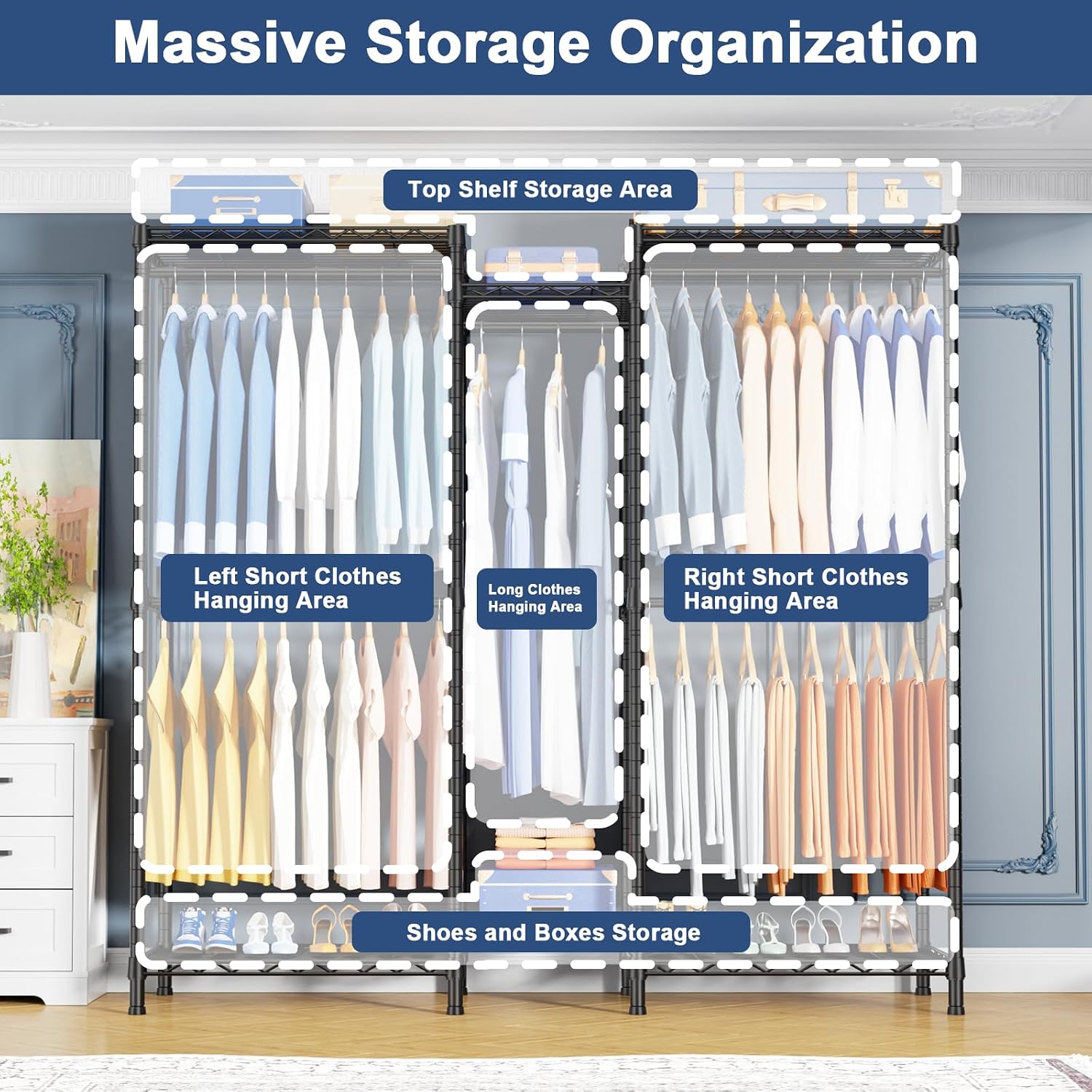 Ulif E12C Heavy Duty Closet Organizer System，Freestanding Clothing Rack, Adjustable Garment Rack 57.1' W x 16' D x 76.5' H Holds 860 lbs, Black Clothing Rack with Black Dustproof Cover