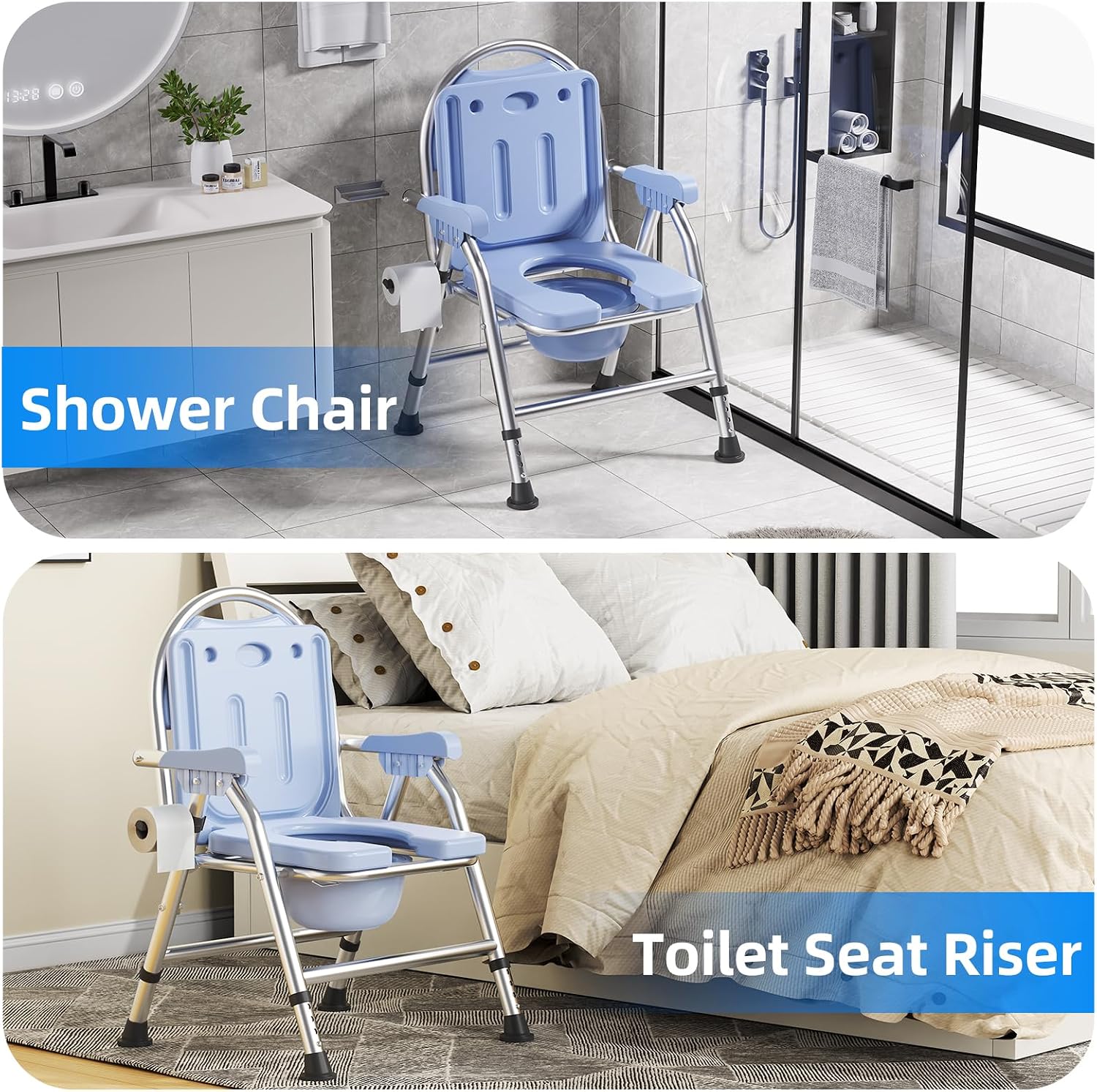 4 in 1 Folding Bedside Commode Chair for Elderly with Arms and Back,Adjustable Height Raised Toilet Seat with Handles,Adults Potty Chair for Seniors,Disabled,Holds Up to 350 lb (ABS Plastic Seat)