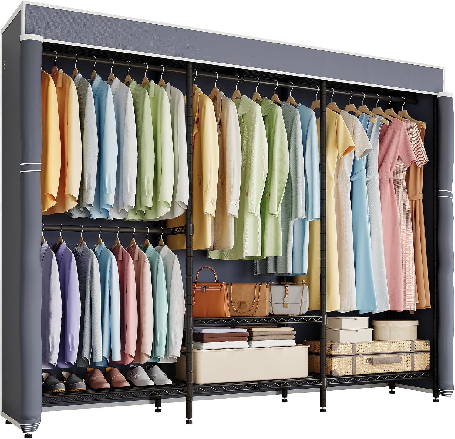 Higeego H8 Heavy Duty Clothes Rack with Cover, Covered Garment Rack with Shelves, Wardrobe Closet with Cover, Portable Closet Organizer Storage, Black Clothing Rack with Grey Cover