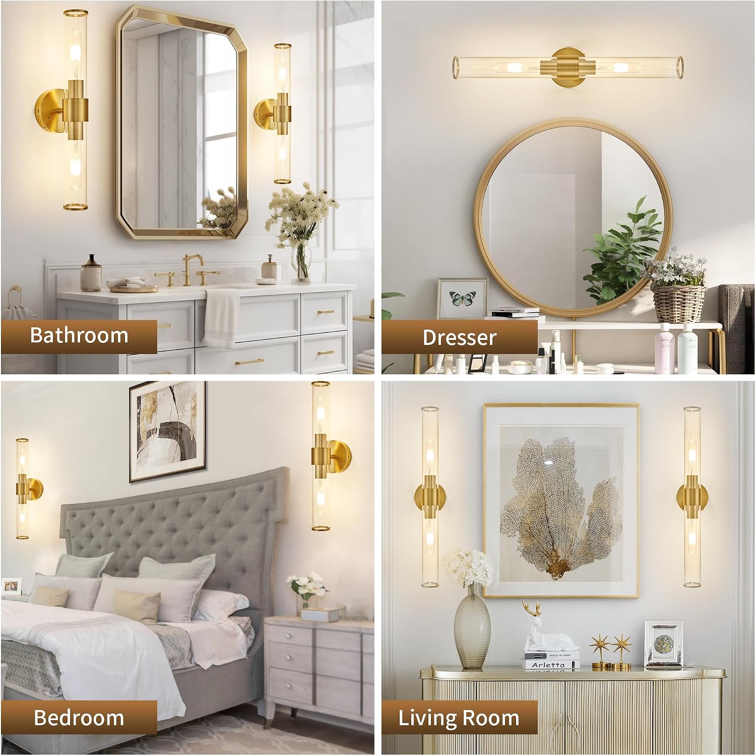 Morauroral Gold Battery Operated Wall Sconces Set of 2, Rechargeable Wall Lights with Remote Control, 20 Inch Modern Wireless Wall Lamp for Bedroom, Living Room with Clear Glass Shade (Bulbs Included)