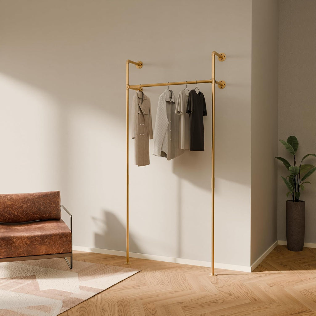 pamo Gold Clothing Rack Wall Mounted – Pipe Closet System in Gold Powder-Coated Steel – 41' W × 87' H, 309 lbs – Boutique, Walk-In Closet & Retail