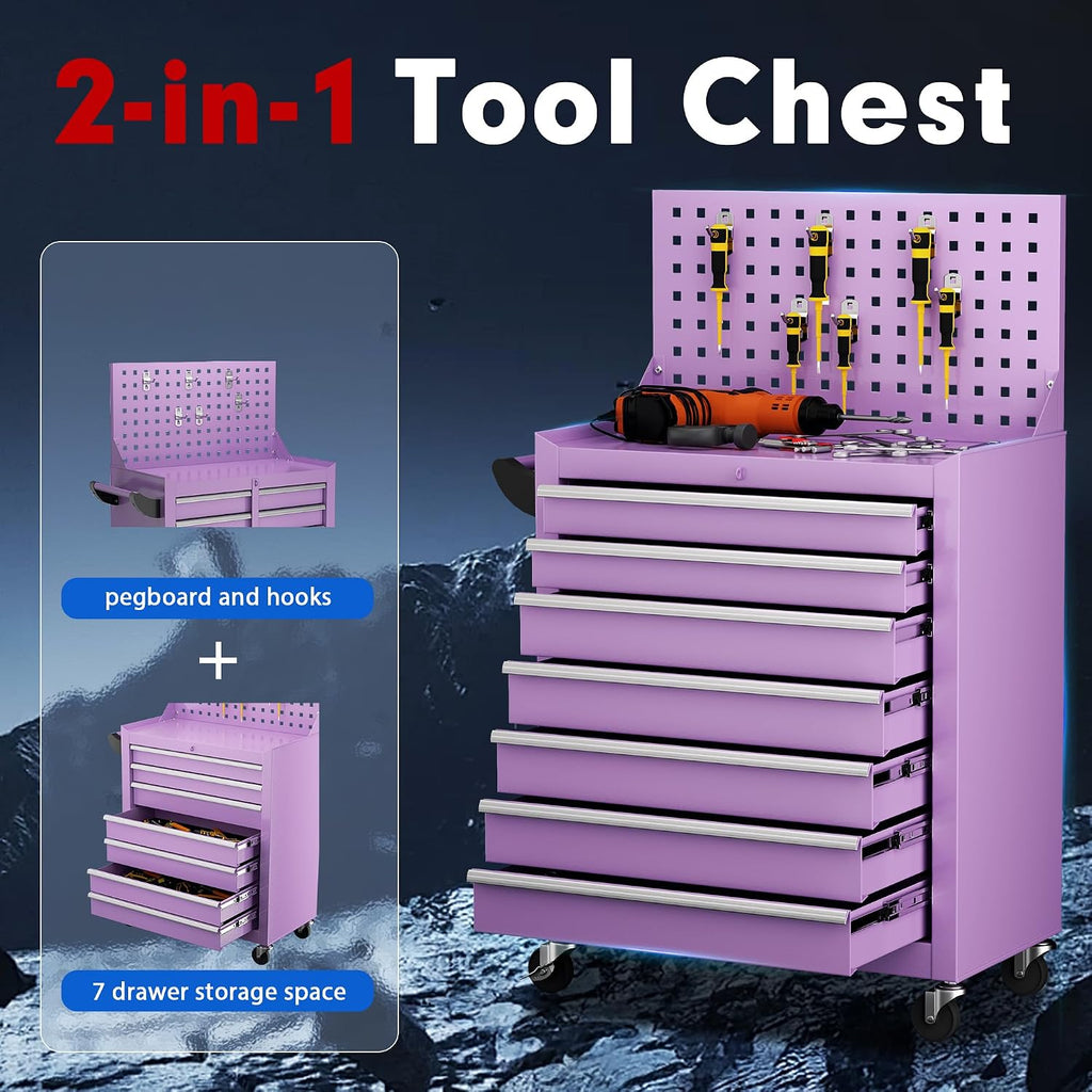 Superday Rolling Tool Chest, 7 Drawer Portable Tool Chest with Wheels, Tool Storage Cabinet with Lock for Garage, Steel Tool Cart with Pegboard & Hooks for Workshop, Warehouse (Purple)
