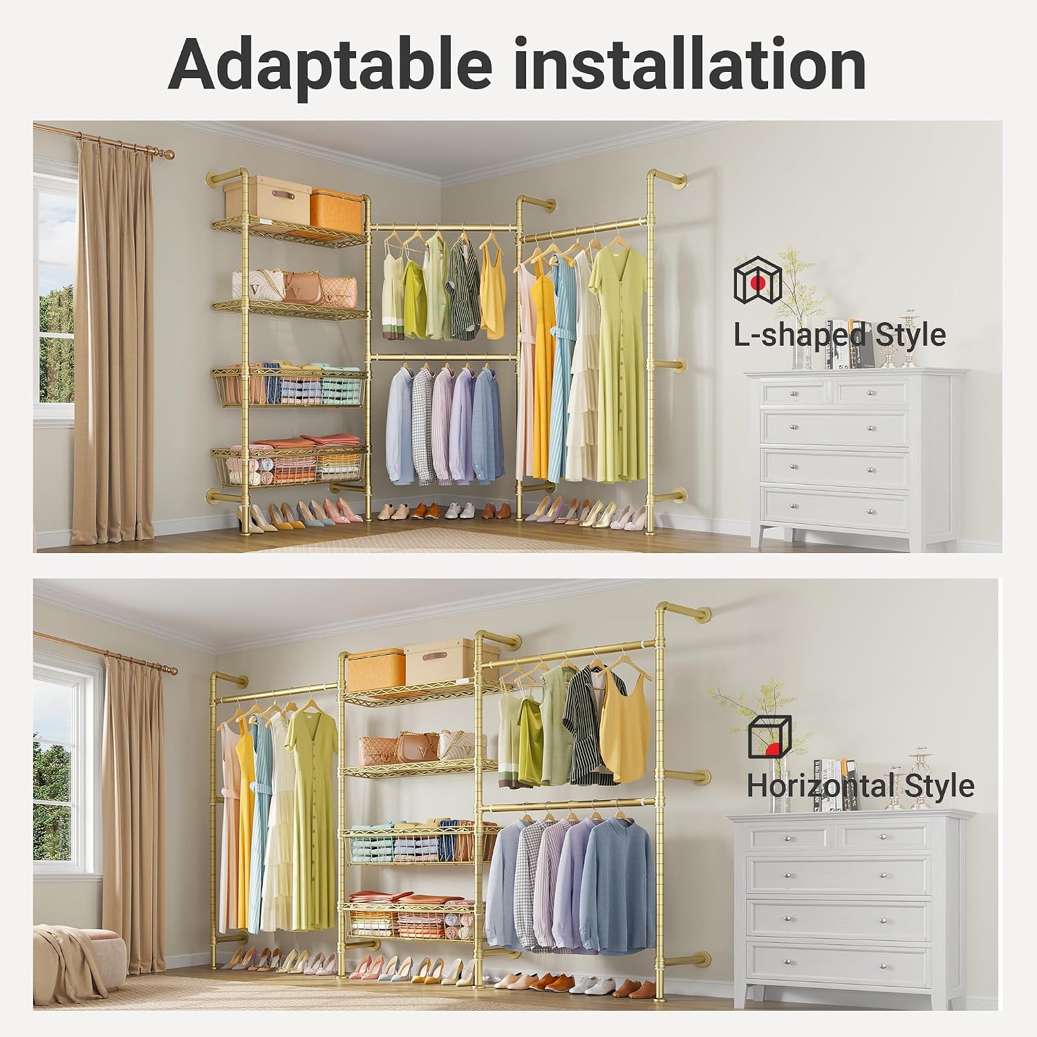 Timate X3 Expandable Heavy Duty Clothes Rack Wall Mounted Clothing Rack for Hanging Clothes, Industrial Pipe Closet System for Walk in Closet Kit, Wall Mount Clothes Rack with Basket, Gold Wall Closet