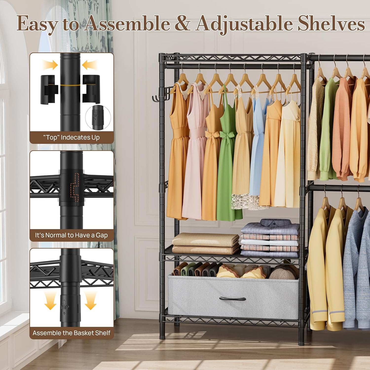 Golpart Coat Rack Clothes Wardrobe：Closet Organizer and Storage Clothing Garment Rack with Shelves Heavy Duty for Hanging Clothes Portable Adjustable Black 15.8' DX(70-88)' WX76.5 H