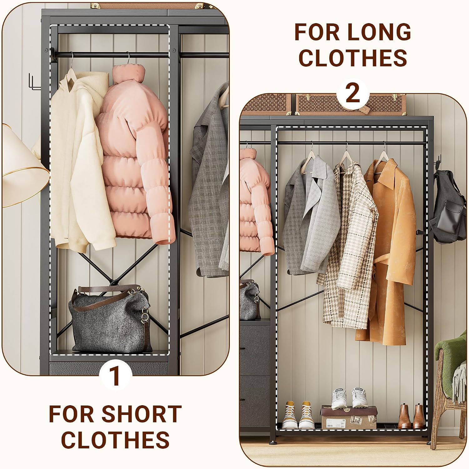 Lulive Clothes Rack with 2 Rods, Shelves, Drawers & Hooks, Garment Rack | Clothes rack with 2 hanging rods (50lbs each), 2 shelves, 2 fabric drawers & 4 hooks. 300lb total capacity. Fits small spaces