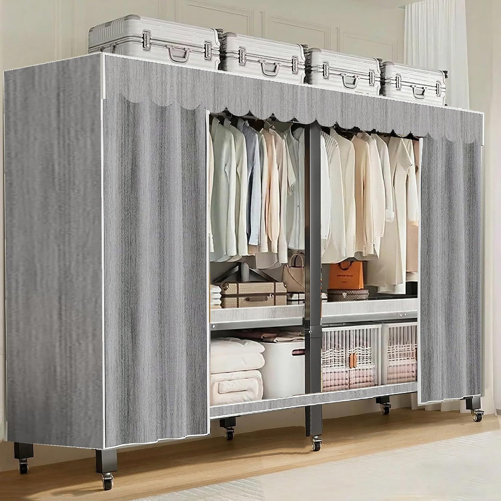 Heavy Duty Portable Closet with Cover Foldable Covered Clothes Rack for Hanging Clothes Armoire Wardrobe Closet System Freestanding Coat Storage Garment Racks (light gray（74.9in）)