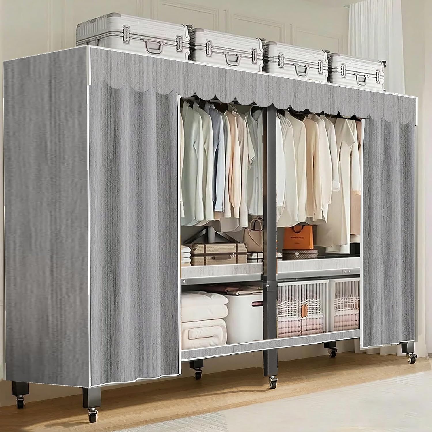 Heavy Duty Portable Closet with Cover Foldable Covered Clothes Rack for Hanging Clothes Armoire Wardrobe Closet System Freestanding Coat Storage Garment Racks (light gray（74.9in）)