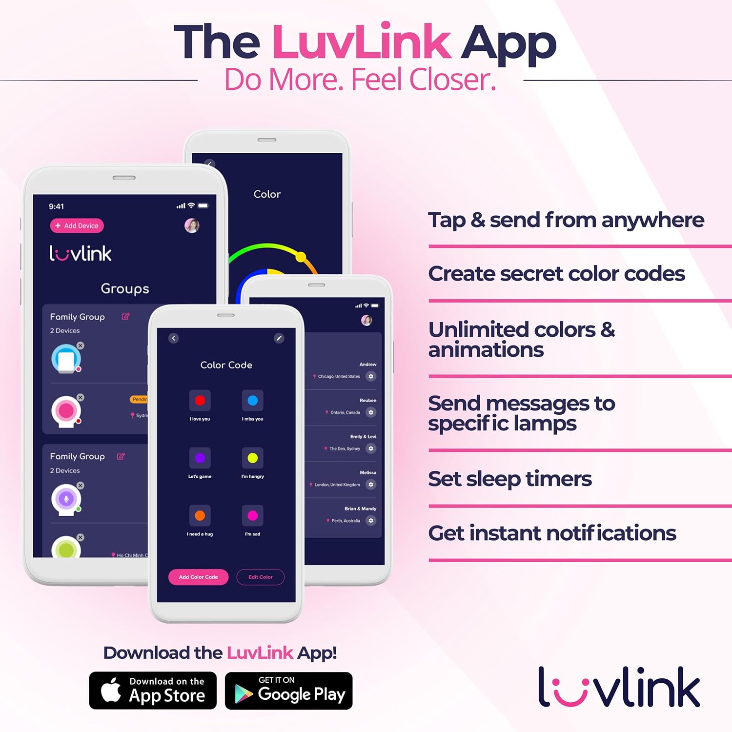 LuvLink Friendship Lamps No Subscription WiFi Touch Lamp for Long Distance Relationships, Couples, Friends & Family - Gift Ready (Set of Three)