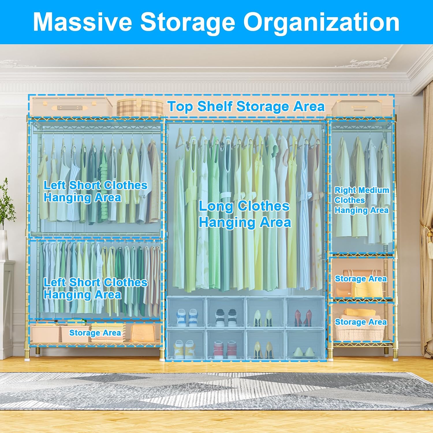 Ulif E10 Clothes Rack（With Stretchable Hanger Rod）Freestanding Clothing Racks for Hanging Clothes，Adjustable Closet Organizer System，Portable Garment Rack 73-97'W x 15' D x 72' H，Max Load 800LBS，Gold