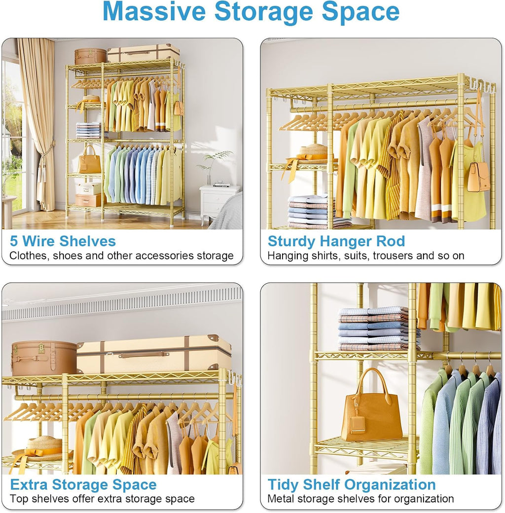 Ulif F2 Clothes Rack, 5 Tiers Heavy Duty Garment Rack for Bedroom, Freestanding Adjustable Closet Storage Organizer, 46.1' W x 15.4' D x 78.3' H, Load 630lbs, Upgraded Gold