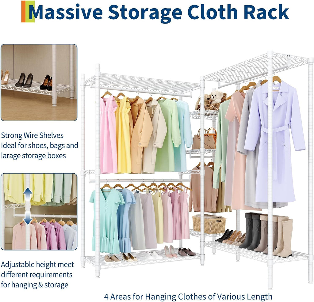1630 LBS Heavy Duty Clothes Rack with Adjustable Shelves, 5 Tiers L-Shaped Freestanding Closet Organizer and Storage for Hanging Clothes, 85.4' W x 17.4' D x 70.5' H