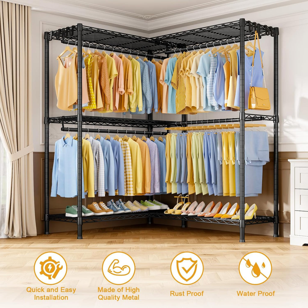 ULIFHOME E15 Pro Garment Rack L Shaped Clothes Rack for Corner，Freestanding Clothing Racks for Hanging Clothes，Heavy Duty Closet System with 4 Hanging Rods & 8 S Hooks，48.8'W x 15.8'D x 78.4'H，Black