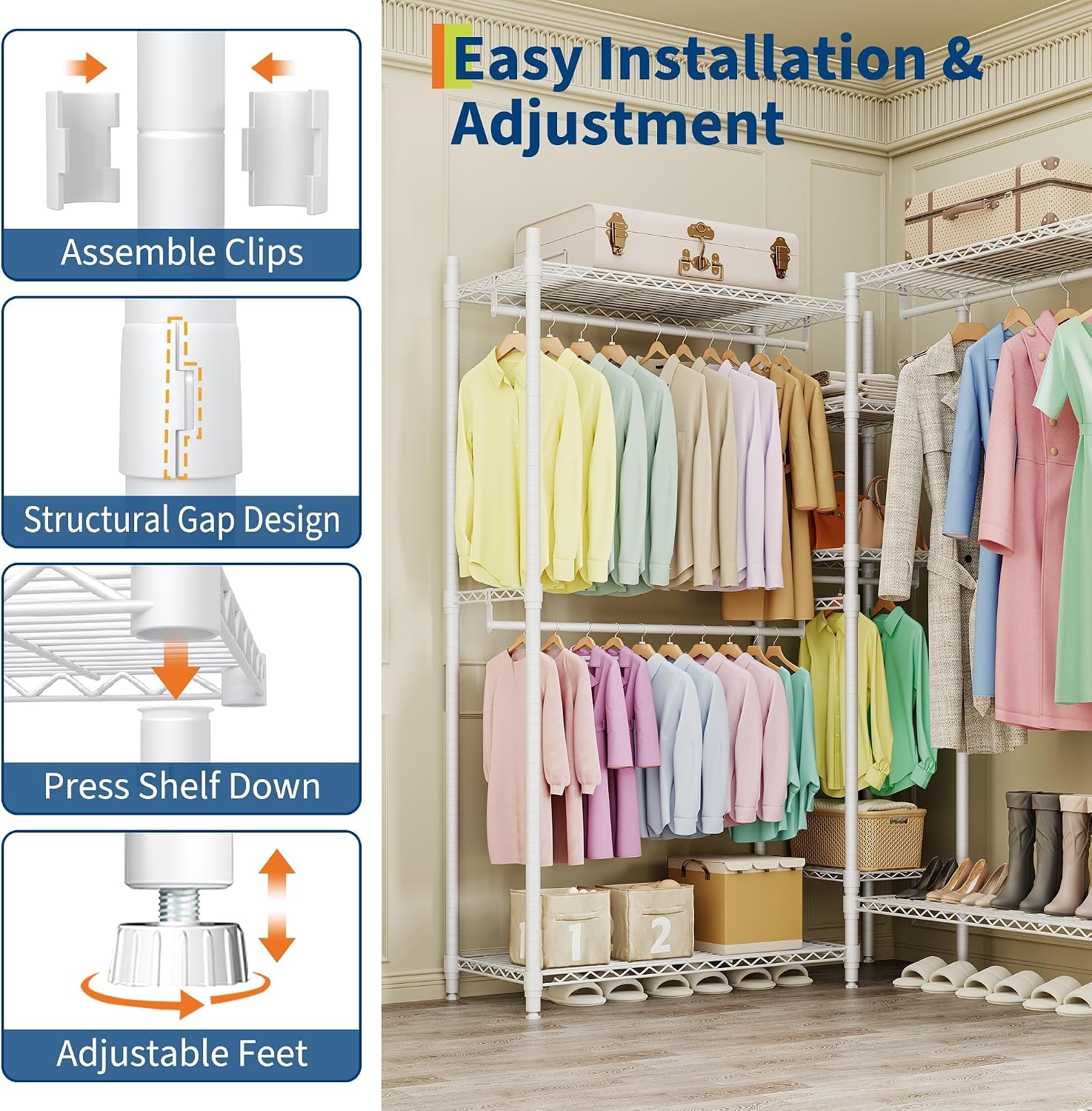 1630 LBS Heavy Duty Clothes Rack with Adjustable Shelves, 5 Tiers L-Shaped Freestanding Closet Organizer and Storage for Hanging Clothes, 85.4' W x 17.4' D x 70.5' H