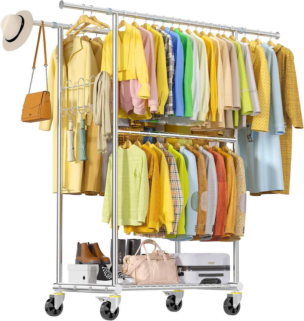 Stainless Steel Heavy Duty Clothes Rack Load 960LBS, Freestanding Garment Racks with Three Rods for Hanging, Rolling Clothing Rack with 360° Wheels for Bedroom Laundry Commercial