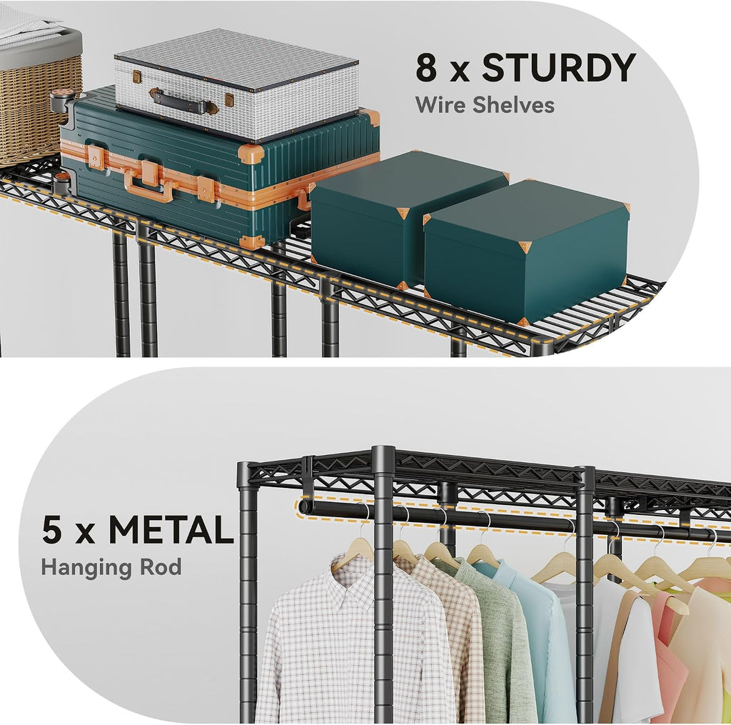 Higeego H5 Extra Large Wire Garment Rack, Heavy Duty Clothes Rack, Freestanding Clothing Rack for Hanging Clothes, Wardrobe Closet with Adjustable Shelf, 93.3' Wx15.7 Dx75.4 H, Black, Load 1400 lbs