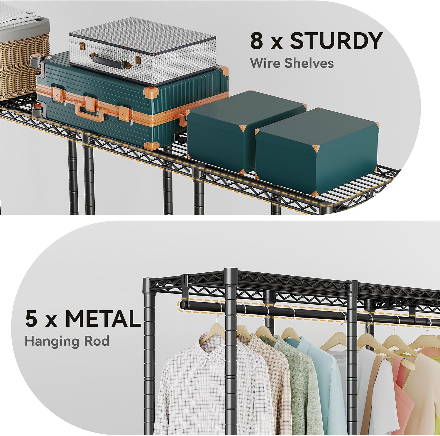 Higeego H5 Extra Large Wire Garment Rack, Heavy Duty Clothes Rack, Freestanding Clothing Rack for Hanging Clothes, Wardrobe Closet with Adjustable Shelf, 93.3' Wx15.7 Dx75.4 H, Black, Load 1400 lbs