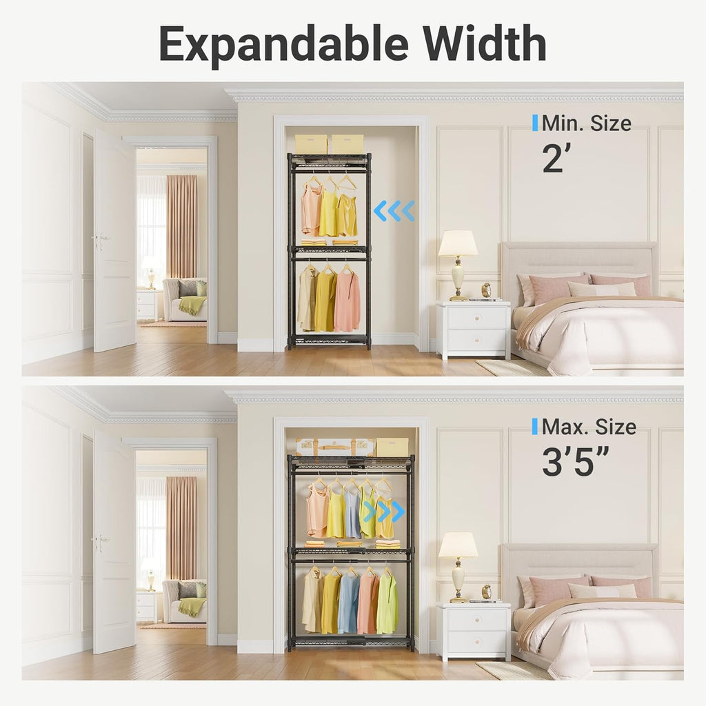VIPEK X1 Expandable Clothes Rack Heavy Duty Adjustable from 2' to 3'5' with Adjustable Shelves and Hanger Rods, Reach-in & Walk-in Closets Metal Garment Racks Portable Closet, Black