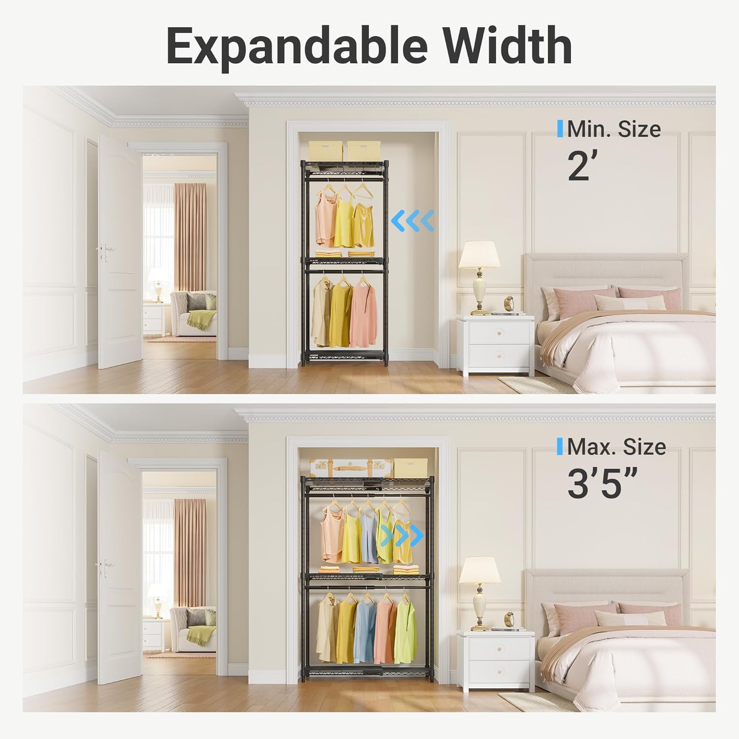 VIPEK X1 Expandable Clothes Rack Heavy Duty Adjustable from 2' to 3'5' with Adjustable Shelves and Hanger Rods, Reach-in & Walk-in Closets Metal Garment Racks Portable Closet, Black