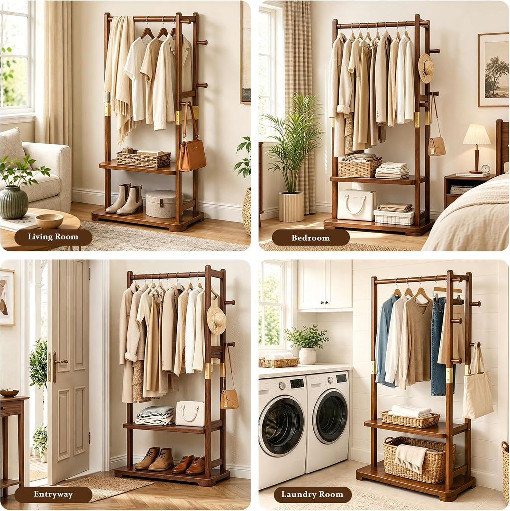 Taitiy Coat Rack Solid Wood Clothes Rack with 2 Shelves & 5 Hooks for Hanging Clothes Garment Wallets Hats, Clothing Rack Heavy Duty Coat Rack Freestanding with Storage Hall Tree for Hallway Bedroom