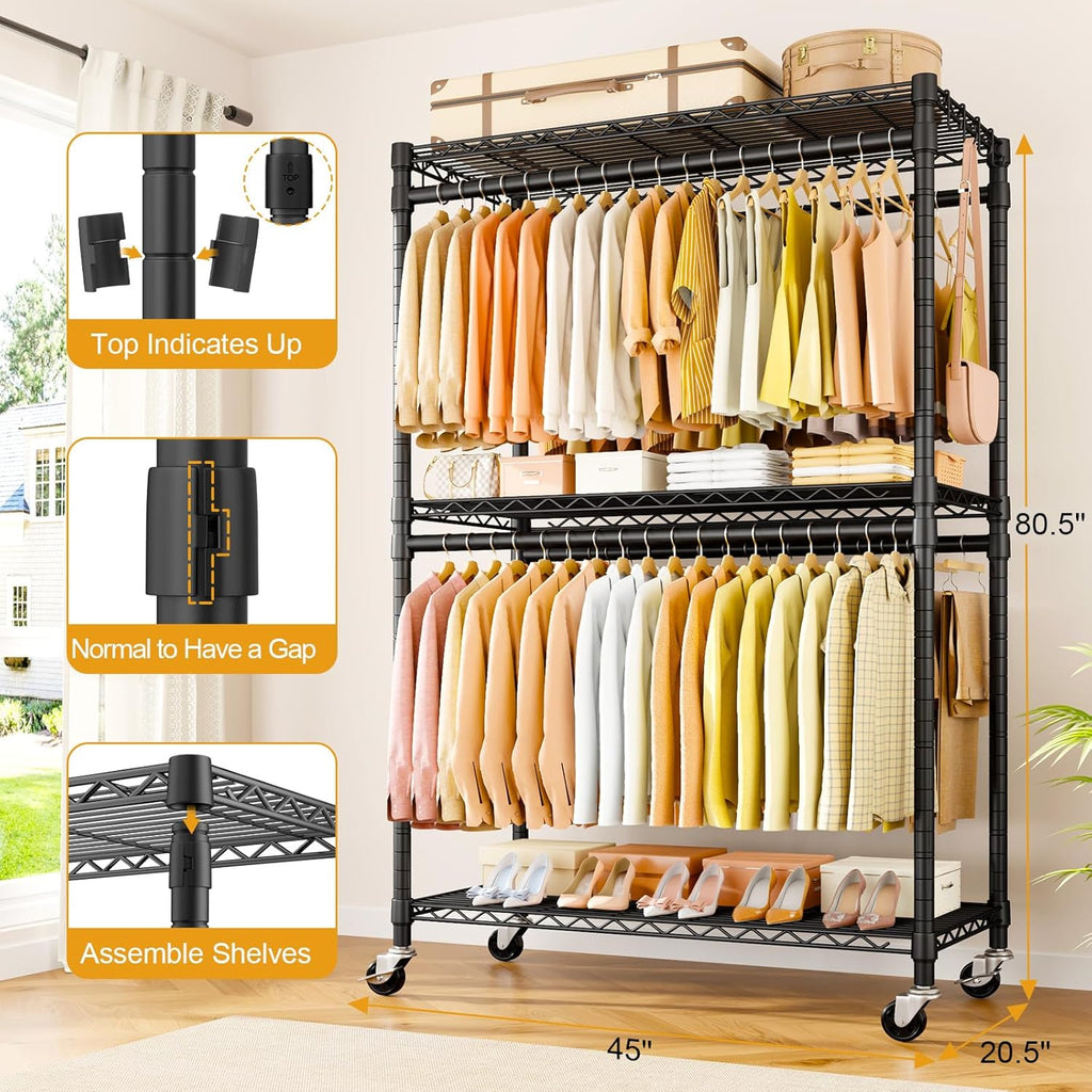 ULIFHOME P5 Plus Rolling Clothes Rack Heavy Duty, Clothing Racks for Hanging Clothes, Metal Garment Rack with Wheels, 3-Tier Portable Closet Rack 45'' W × 20.5'' D × 80.5'' H, Max Load 660 Lbs, Black