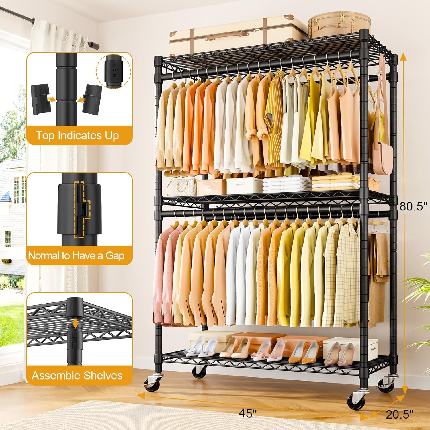 ULIFHOME P5 Plus Rolling Clothes Rack Heavy Duty, Clothing Racks for Hanging Clothes, Metal Garment Rack with Wheels, 3-Tier Portable Closet Rack 45'' W × 20.5'' D × 80.5'' H, Max Load 660 Lbs, Black