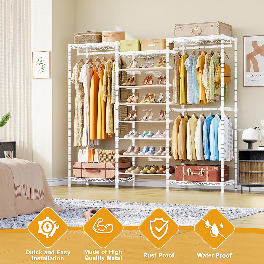 ULIFHOME E16 Heavy Duty Clothing Rack（With 7-Tier Adjustable Shoe Rack） Freestanding Clothes Rack for Hanging Clothes，Metal Closet Storage Organizer Large Wardrobe，69'' W x 15.8'' D x 76.2'' H，White