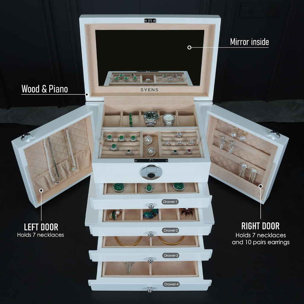 White Wood Jewelry Box, Large Size, Fingerprint Unlock, Seven Level Jewelry Organizer with Necklace Hanger and Mirror, High Gloss Lacquer Finish (5L-WT)
