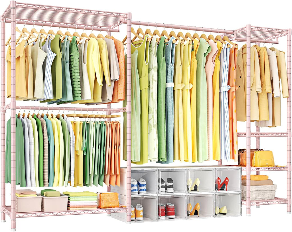 Ulif E10 Clothes Rack（With Stretchable Hanger Rod）Freestanding Clothing Racks for Hanging Clothes，Adjustable Closet Organizer System，Portable Garment Rack 73-97'W x 15' D x 72' H，Max Load 800LBS，Pink
