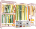 Ulif E10 Clothes Rack（With Stretchable Hanger Rod）Freestanding Clothing Racks for Hanging Clothes，Adjustable Closet Organizer System，Portable Garment Rack 73-97'W x 15' D x 72' H，Max Load 800LBS，Pink