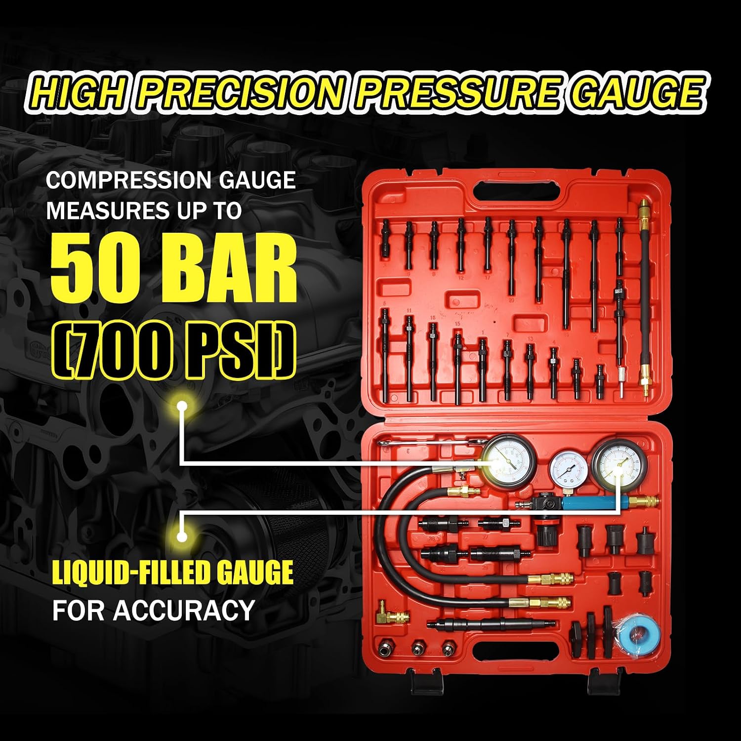 47 PCS Compression Tester Kit, Leak Down Tester Automotive Small Engine, Cylinder LeakdownTester Kit for Fixing Petrol & Diesel Engine Issues for Cars, Trucks and Motocycles