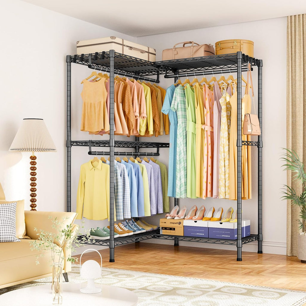 ULIFHOME E15 Garment Rack L Shaped Clothes Rack for Corner，Freestanding Clothing Racks for Hanging Clothes，Heavy Duty Closet Organizer with 4 Hanging Rods & 8 S Hooks，43.4' W x 15.8' D x 78.4' H，Grey