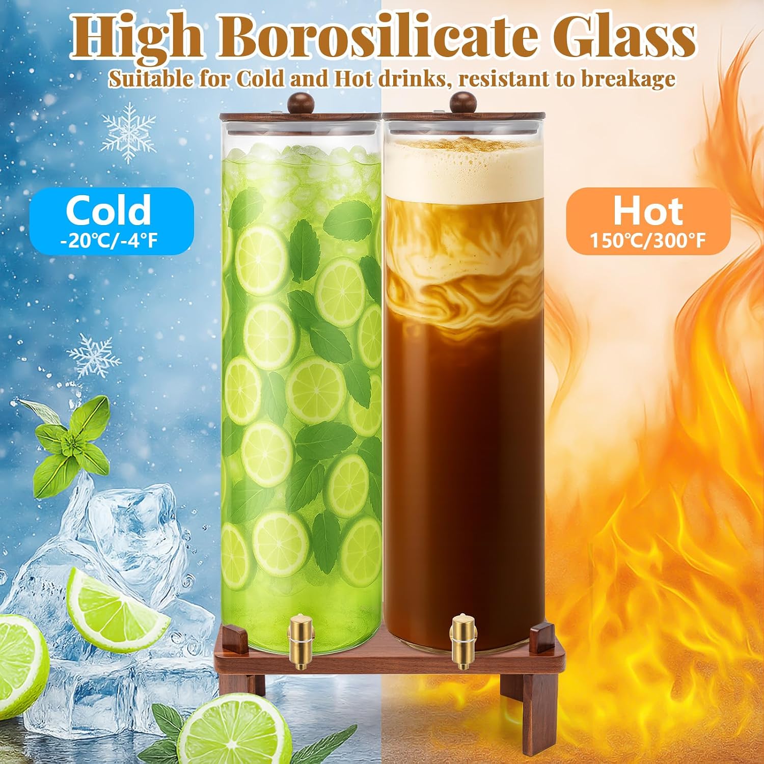 FillTouch 2 Pack 5 Gallon Glass Drink Dispenser with Acacia Wood Stand and Lid, Large Glass Beverage Dispenser with Spigot Perfect for Juice, Tea, Sangria, Lemonade, Weddings, Party, Outdoor Events