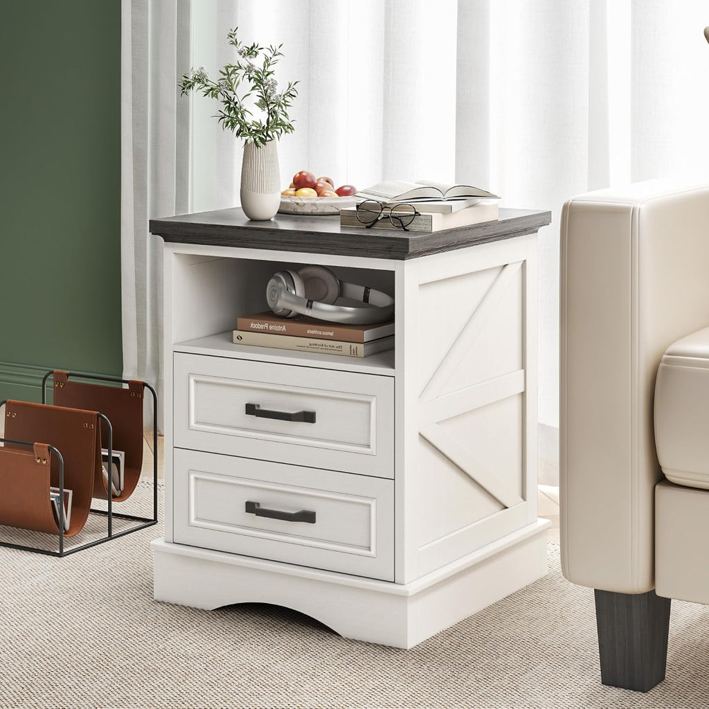 Fluest 24' Tall Farmhouse Nightstands Set of 2, Night Stands with Fast Charging Station, Beside Tables with Drawers and Open Storage, Rustic End Tables for Bedroom, Antique White