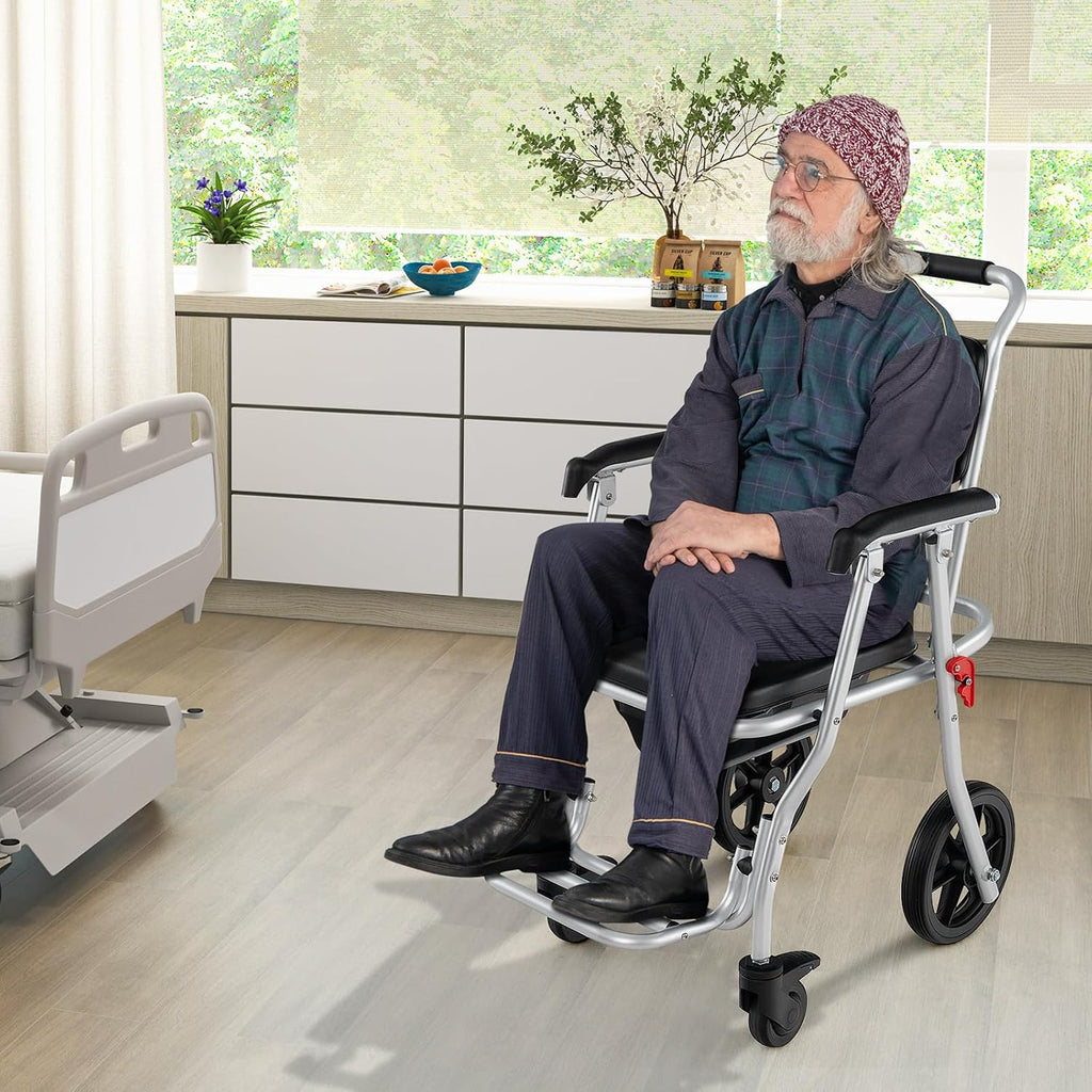 Giantex Bedside Commode Wheelchair for Toilet - Foldable Shower Chair with Arms, Lockable Casters, Detachable Bucket, Transport Wheelchair, Rolling Bath Chair, Shower Seats for Elderly, Handicap