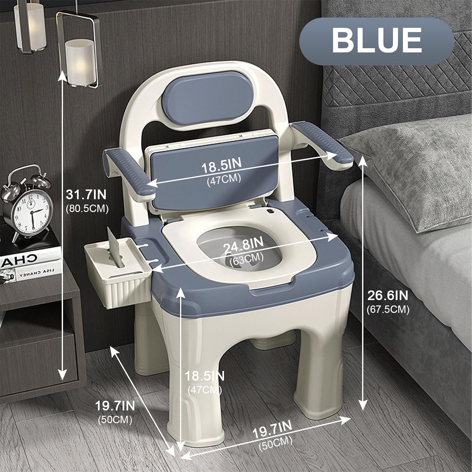 Adjustable Bedside Commode Chair for Seniors and Disabilities Ultra Wide Seat Up to 660 Lbs Capacity Height Adjustable Toilet Chair for Elderly and Disabled Blue Upgrade
