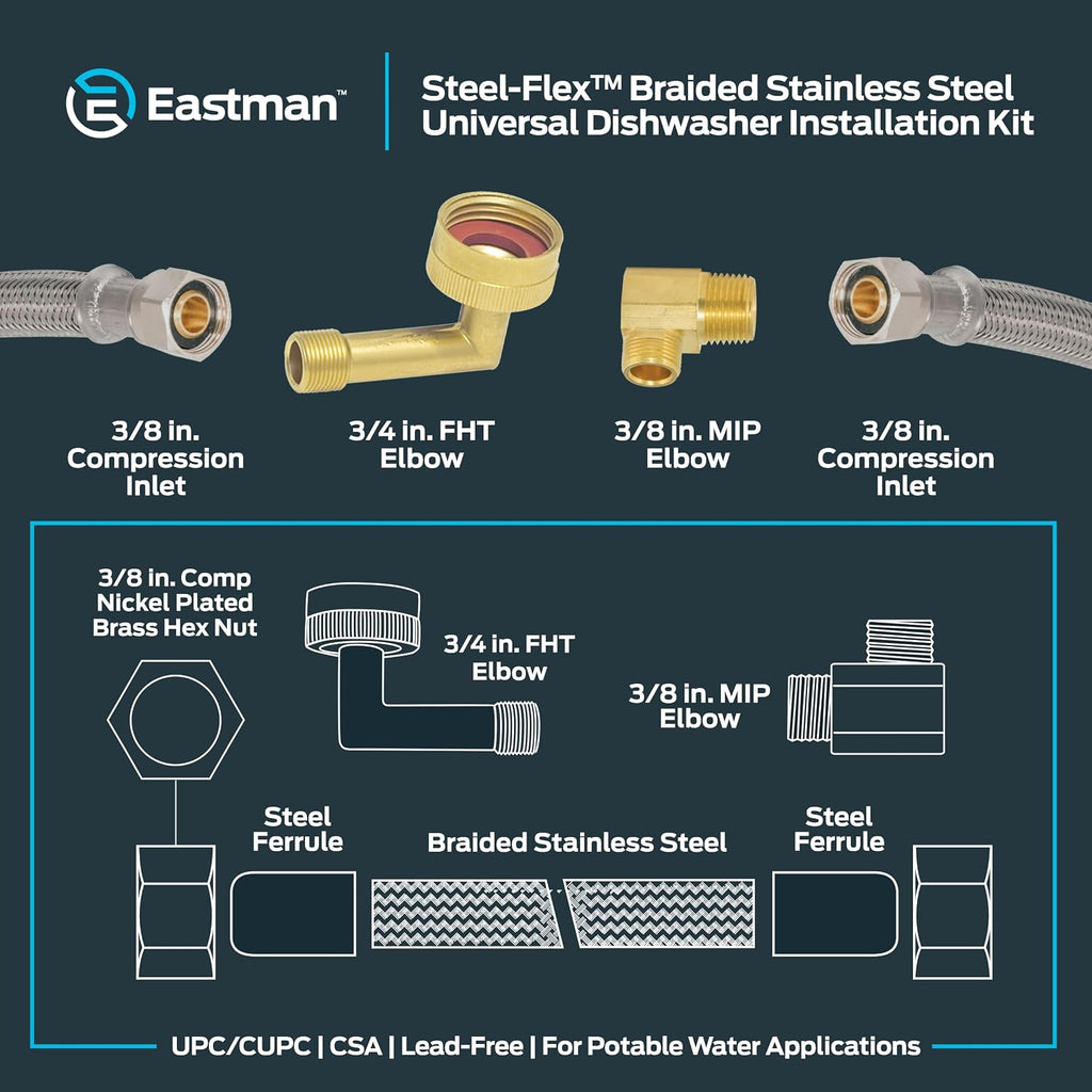 Eastman 5 Ft. Dishwasher Installation Kit, Braided Stainless Steel Supply Line with 3/8 Inch Compression Ends, 41041 (Pack of 12)