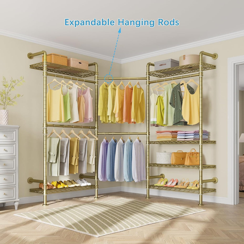 Timate F3 Garment Rack Heavy Duty Clothes Rack for Hanging Clothes, Expandable Industrial Pipe Wall Mounted Clothing Rack, Adjustable Storage Wardrobe Closets Kit Walk in Closet Systems, Gold