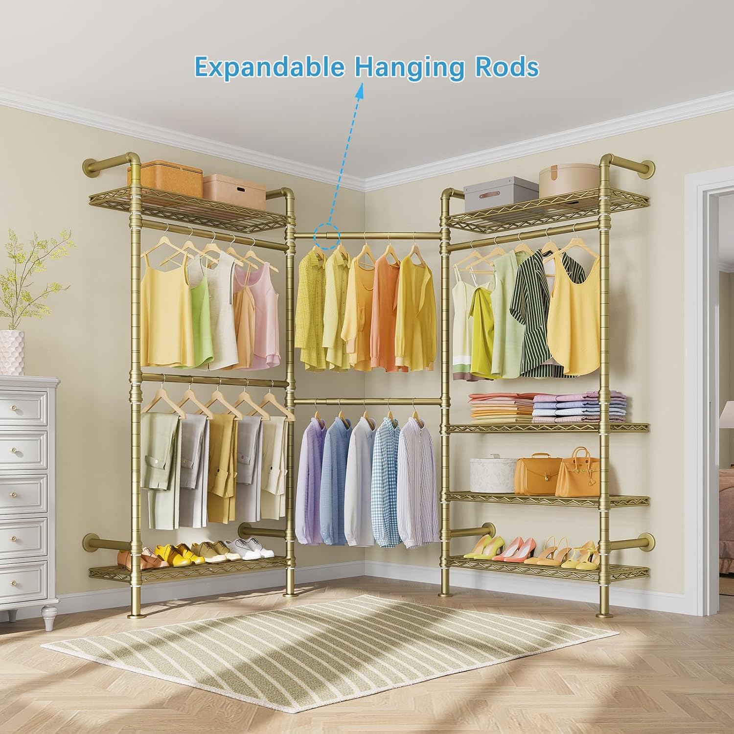 Timate F3 Garment Rack Heavy Duty Clothes Rack for Hanging Clothes, Expandable Industrial Pipe Wall Mounted Clothing Rack, Adjustable Storage Wardrobe Closets Kit Walk in Closet Systems, Gold