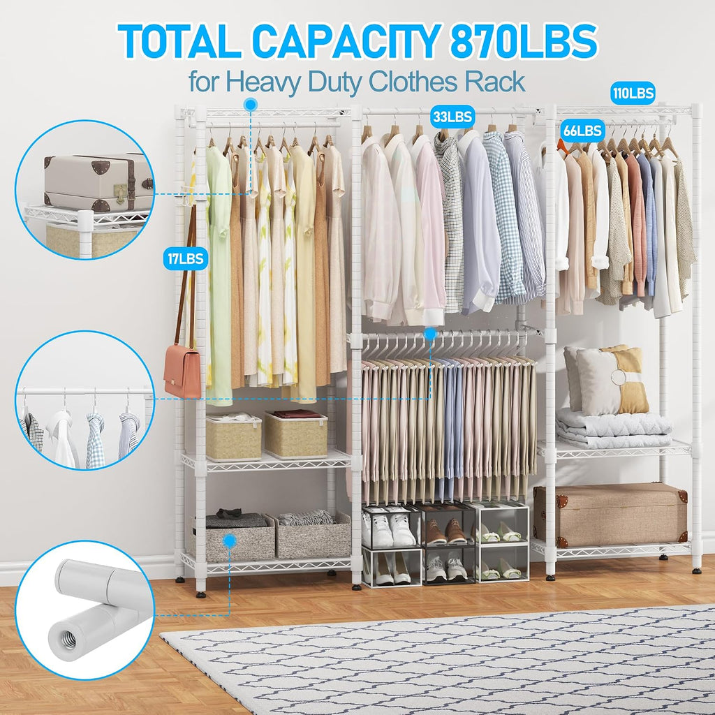 Homdox Heavy Duty Garment Rack with Extendable Hanging Rods, Adjustable Metal Clothing Rack for Hanging Clothes, Freestanding Closet Wardrobe Clothes Rack with Wire Storage Shelves, White