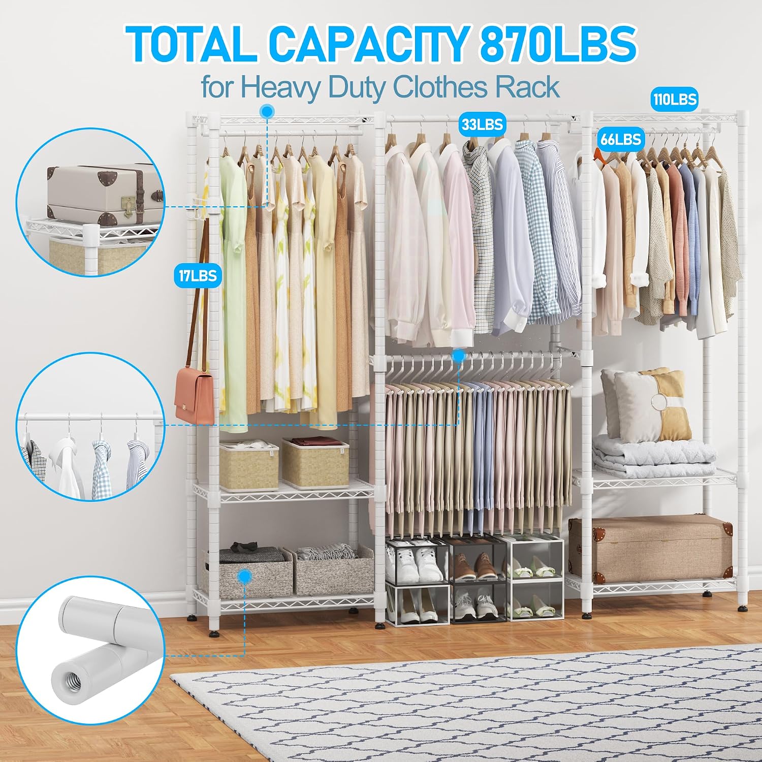 Homdox Heavy Duty Garment Rack with Extendable Hanging Rods, Adjustable Metal Clothing Rack for Hanging Clothes, Freestanding Closet Wardrobe Clothes Rack with Wire Storage Shelves, White