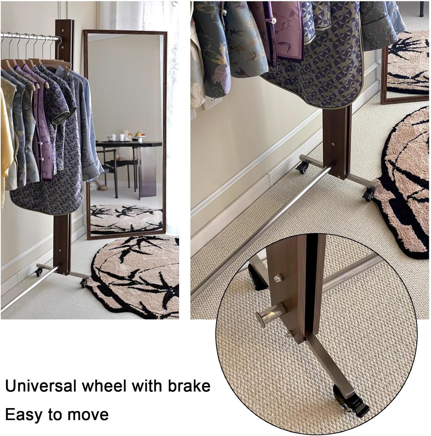 XPLKQXE Clothing Store Rolling Garment Rack with Wheel, Commercial Clothes Display Stand, Portable Standing Clothes Garment Rack, Standing Closet, Metal and Wood(Brown,100x40x160cm)